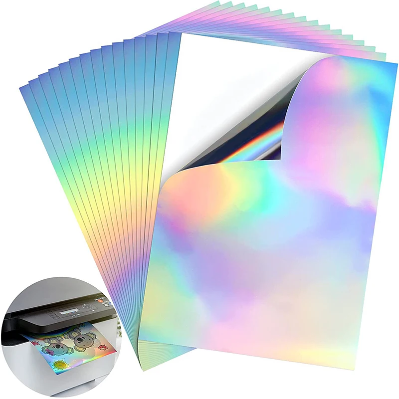 A4 Rainbow Sticker Paper, Printable Holographic Vinyl Sticker Paper Dries Quickly Waterproof For Inkjet/laser Printer 20