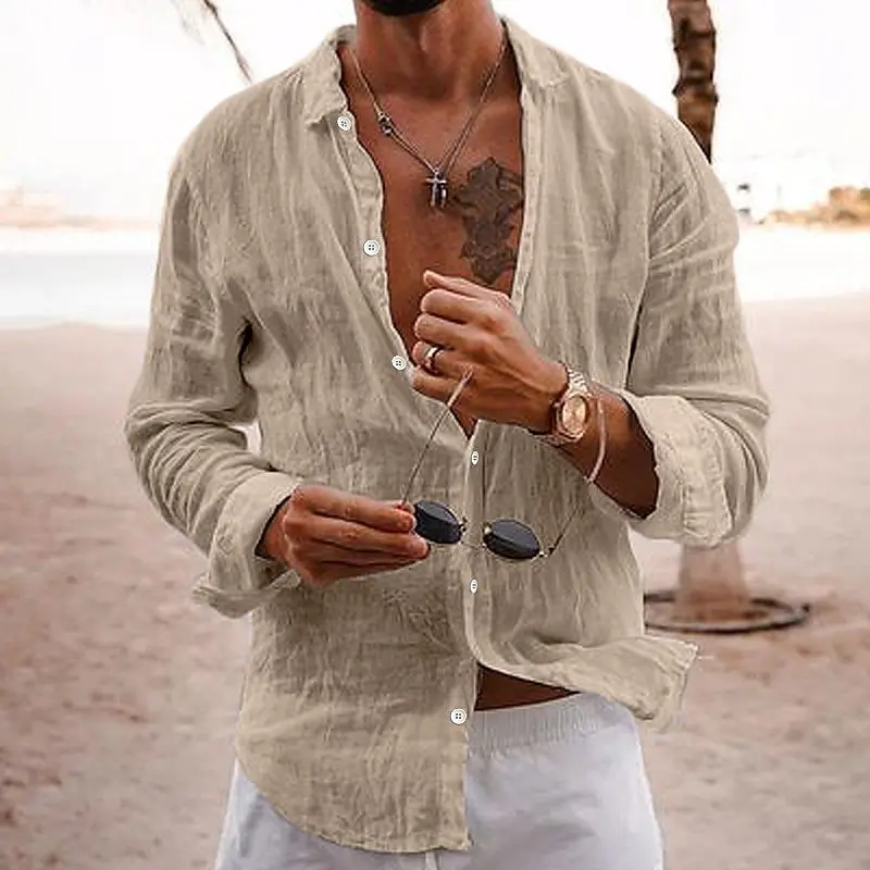 Men's long-sleeved shirt Cotton pleated retro lapel cardigan solid color shirt loose casual fashion men's plus-size shirt