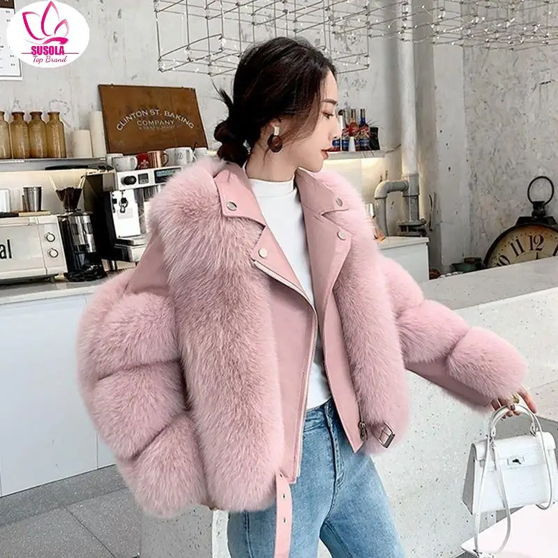 

New Winter Women's PU Fox Fur Vest with Sheepskin Collar Motorcycle Gilet Biker Jacket Waistcoat Female Man-Made Fur Vest Coats