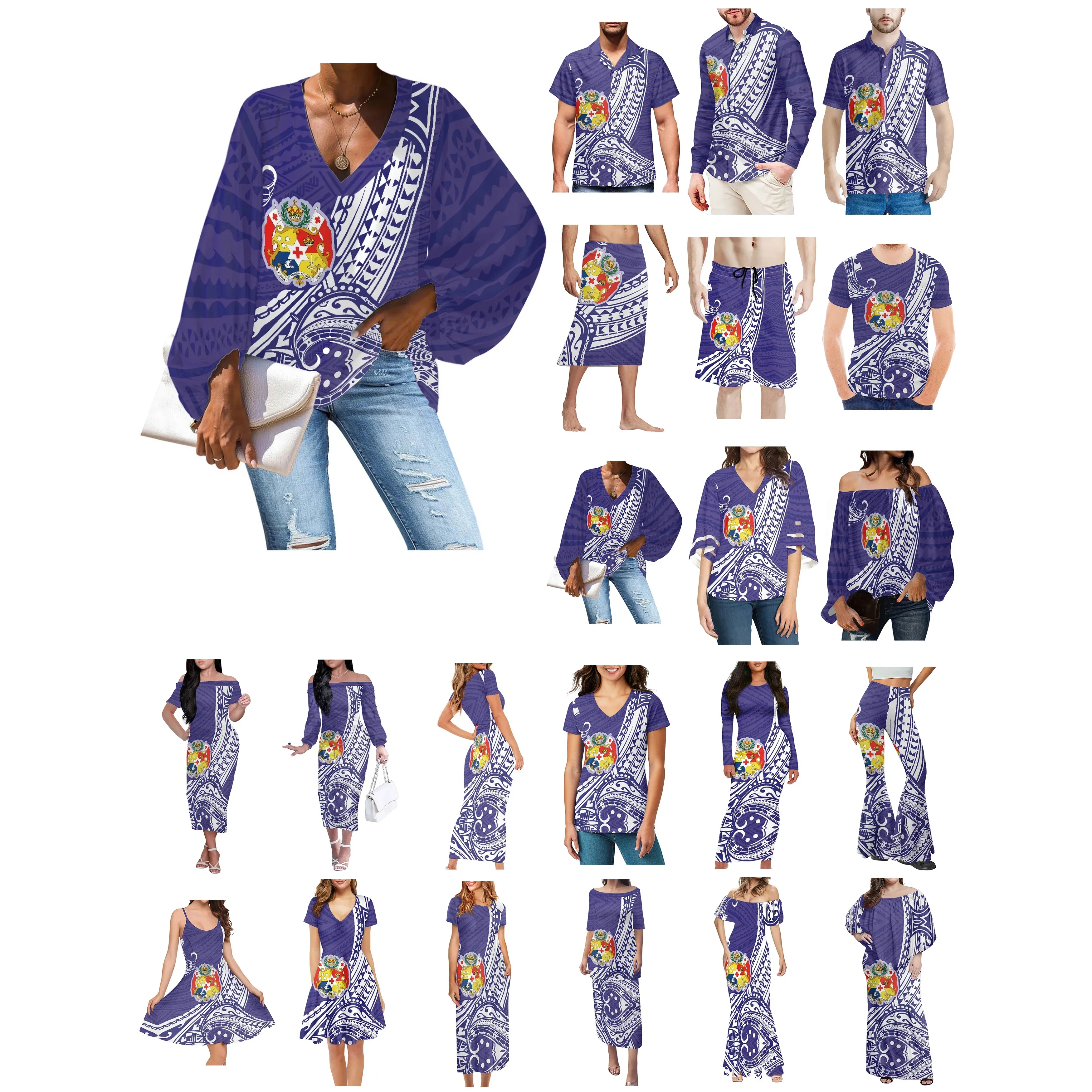 

Полинезийская одежда Tonga с принтом родовых татуировок, женское платье, подходящая Мужская рубашка, фиолетовая, белая дышащая удобная одежда для влюбленных