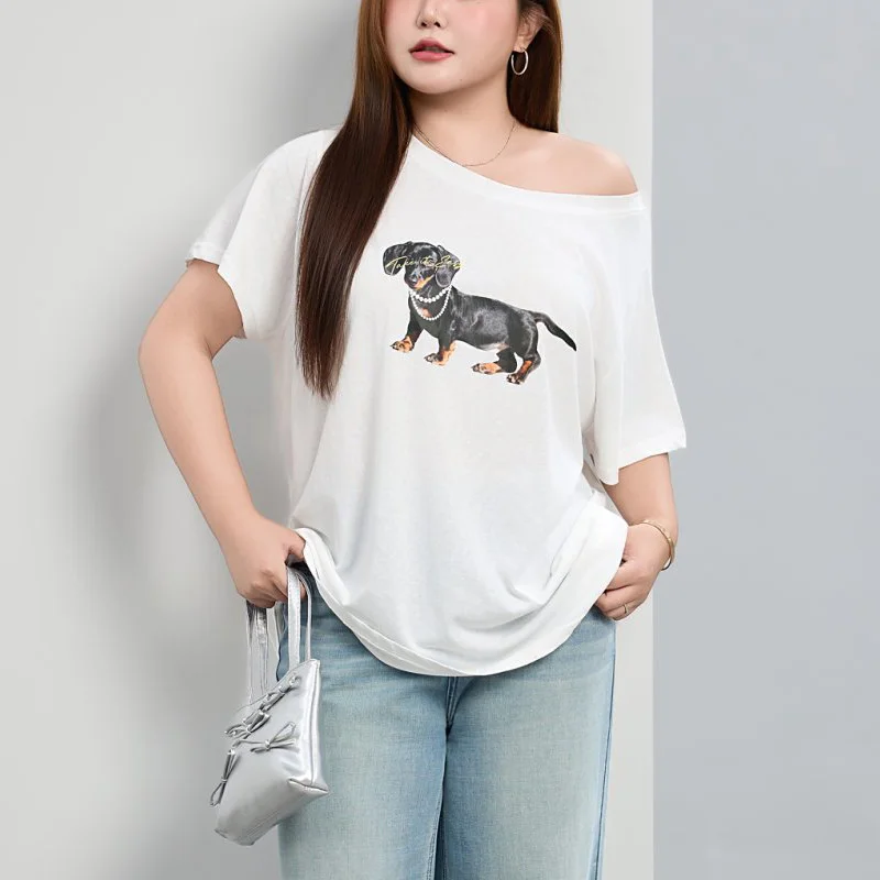 Necklace Dachshund Printed Loose Oblique Shoulder T-shirt Plus Size Women Premium Casual Short Sleeved Top 9176