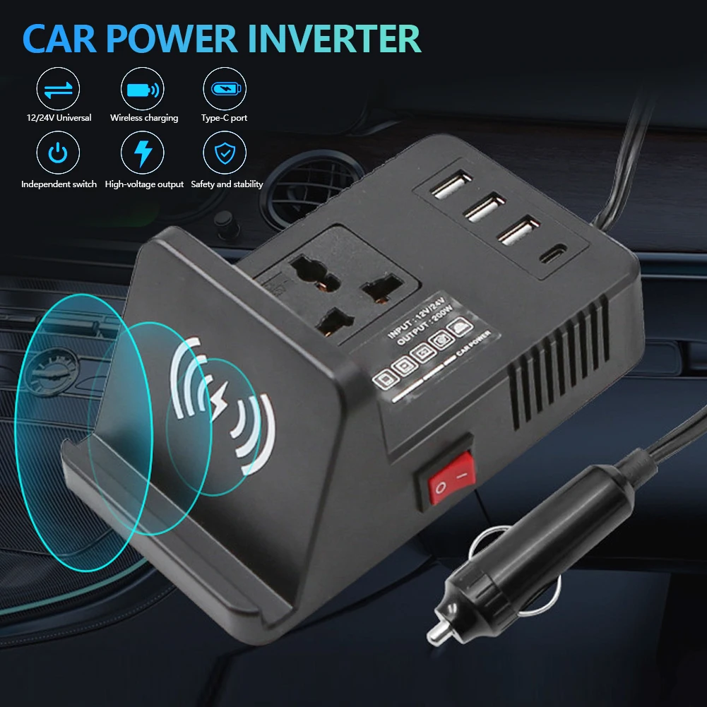 12V/24V에서 220V로 변환하는 차량용 파워 인버터 다중 USB 타입 C 포트 무선 충전 200W 출력 자동차 차량 충전 어댑터