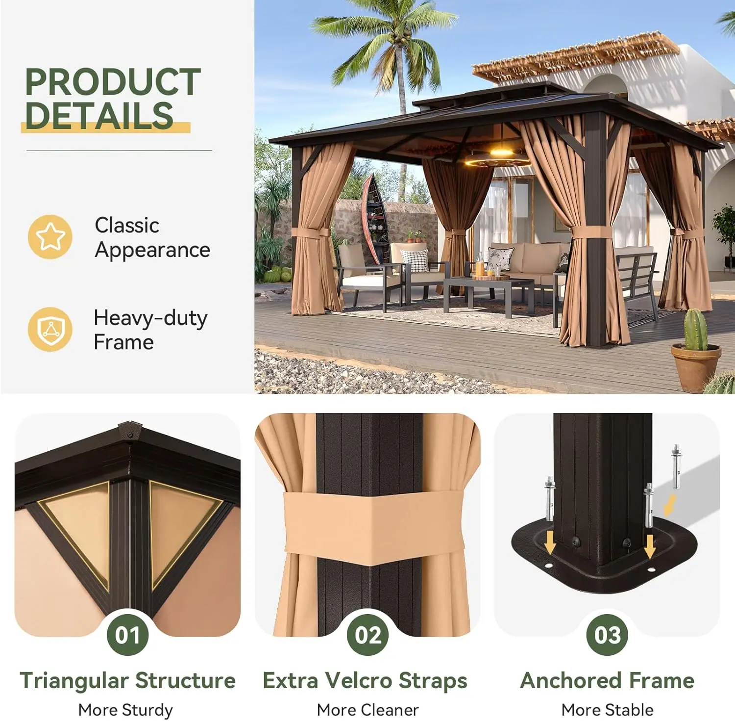 12'x14' Hardtop Gazebo, Aluminum Frame Permanent Pavilion with Curtains and Netting, Designed for Garden, Brown 6