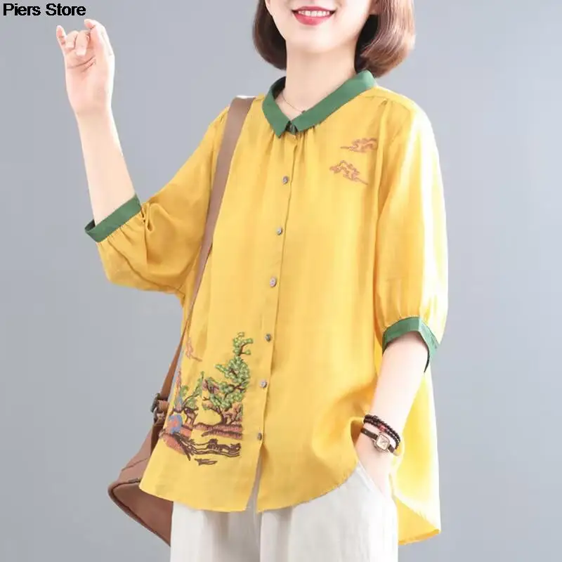 

Summer New Cotton Linen Chinese Style Shirt for Women yellow Hanfu Embroidery Retro Summer Loose Han Fu Traditional Blouse Top