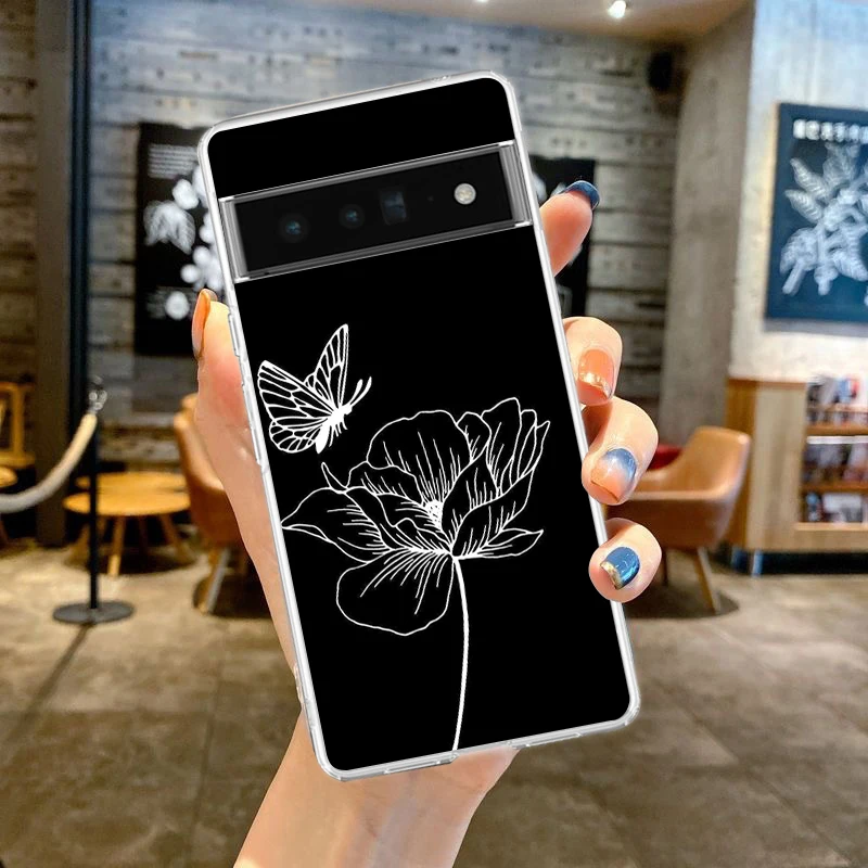 Elegant Black Flower Shockproof Silicone Phone Case – Transparent Protective Cover