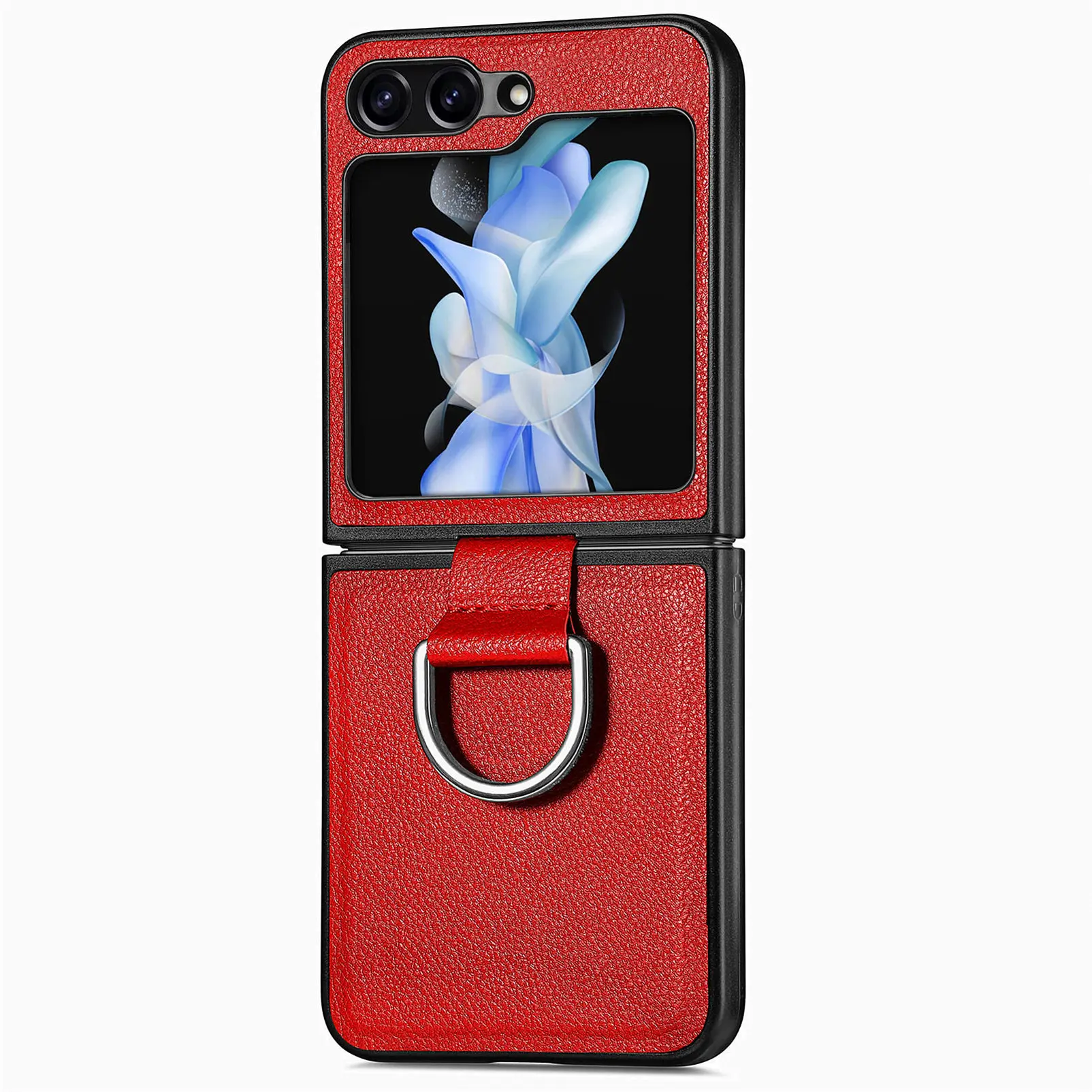 Lychee Pattern Leather Ring Phone Case in Pure Color