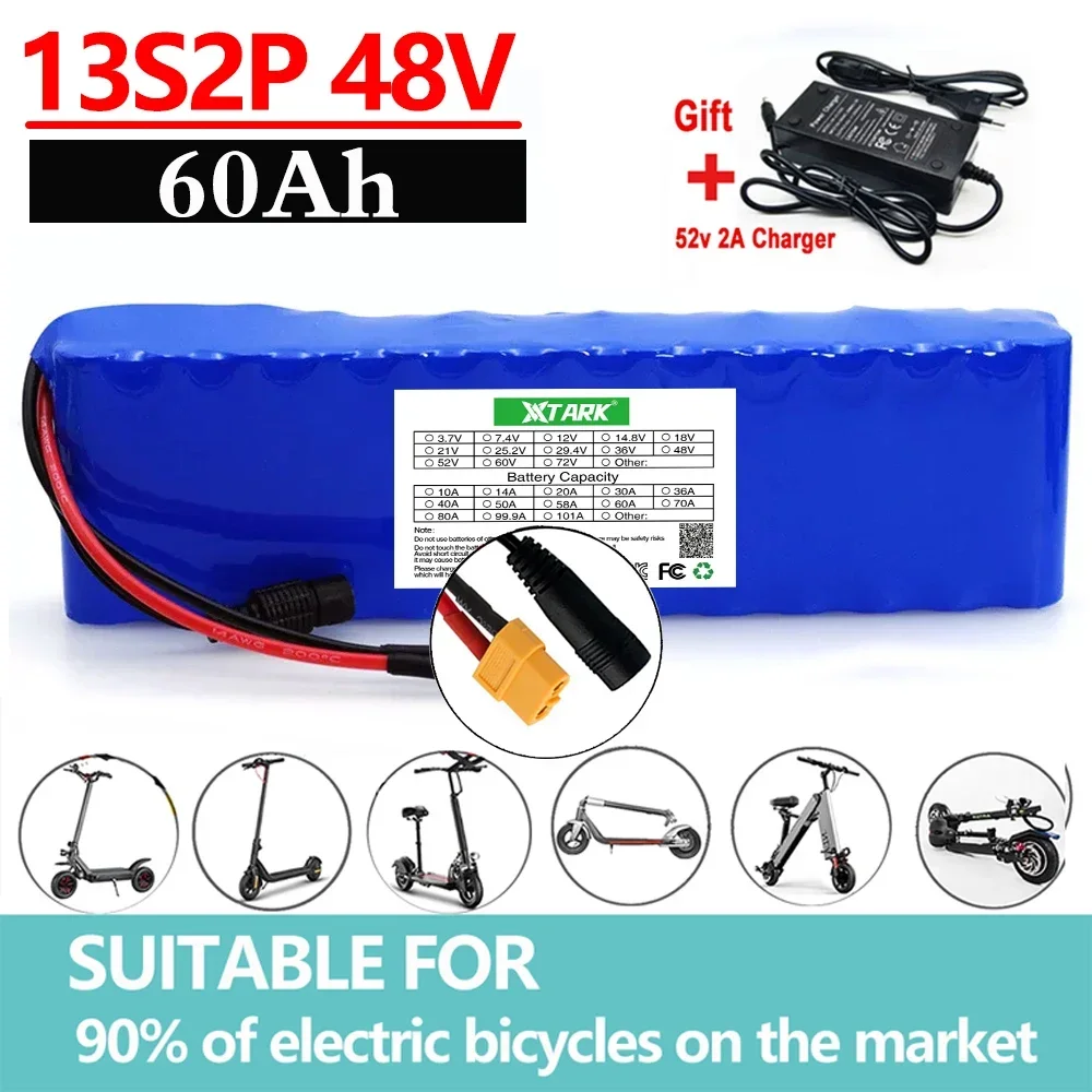 

E-bike 48v Battery Pack 60Ah 18650 Lithium Ion Battery 13S2P 1000w Bike Motorcycle Conversion Kit Electric Scooter BMS +Charger