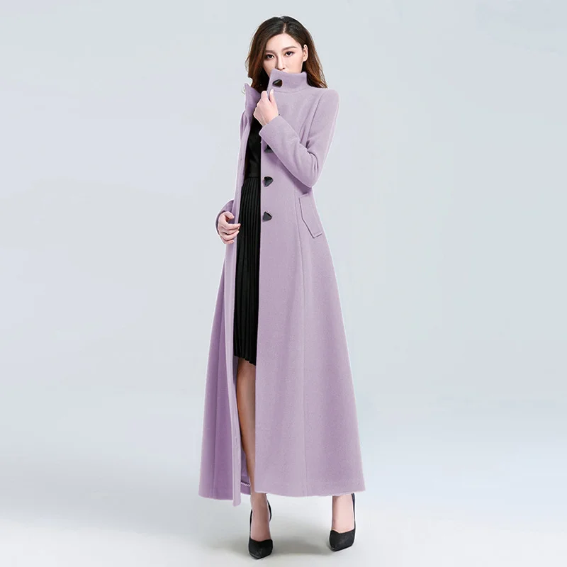 

Temperament Vintage Buckle Woolen Blends Autumn Winter Women New Super Long Stand Collar Waist Fashion Female Coat