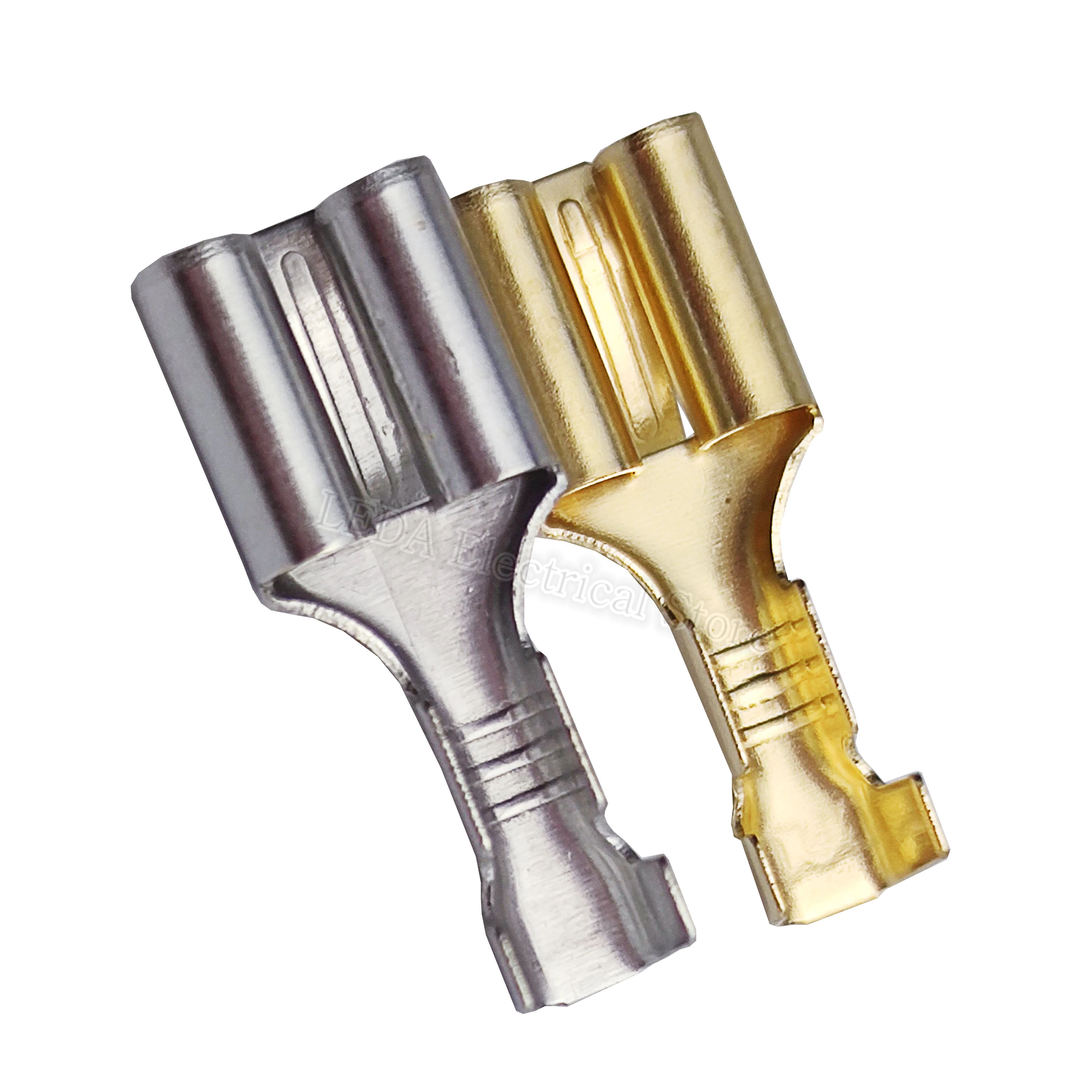 DJ623-E6.3B Type 250 Cold Pressed Brass Golden/Silvery 6.3mm Spring Flat Plate Barbed Plug Terminal Connector