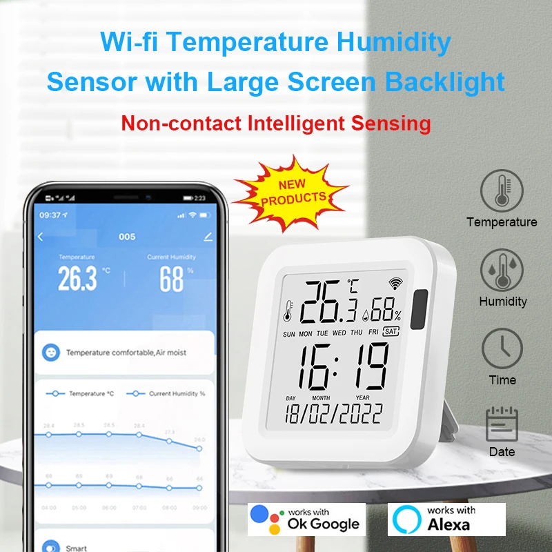 

Tuya Temperature and Humidity Smart Sensor With Backlight for Smart Home var WiFi SmartLife Work with Alexa Assistant