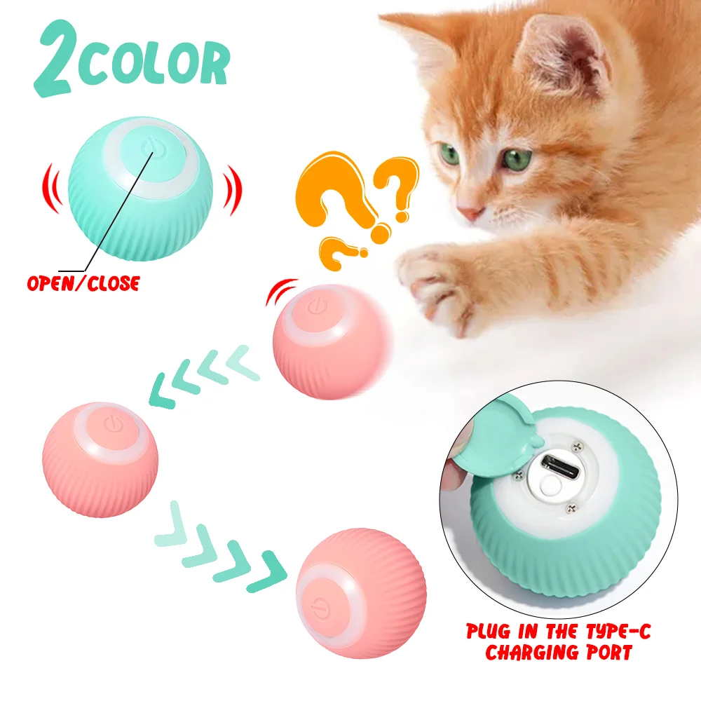 

Electric Cat Ball Toys, Automatic Rolling, Smart Mute Toys, Interactive for Pet Training, Self-Moving Kitten Toy with USB Cable