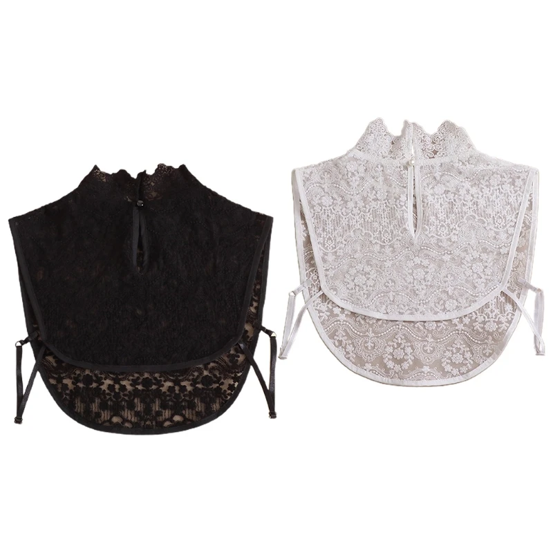 

Women Elegant Stand Faux Collar Royal Hollow Out Embroidery Floral Lace Half Shirt Blouse Keyhole Button Top Drop shipping