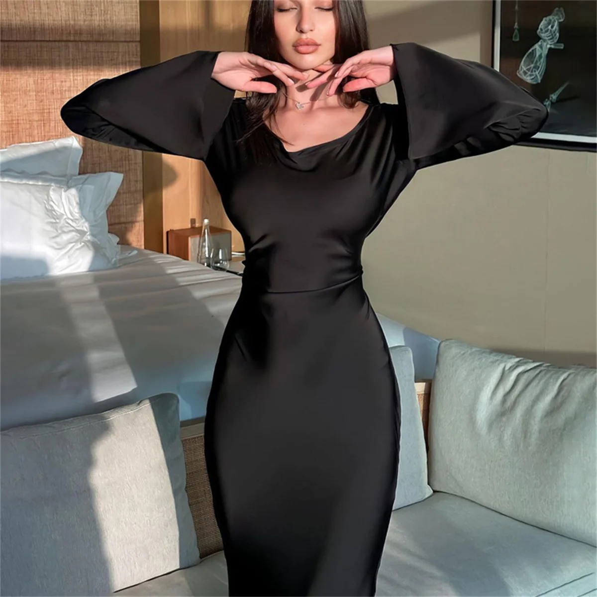 Женское платье макси 2024 Новое шелковое длинное атласное платье с расклешенными рукавами на шнуровке Тонкая юбка Вечерние платья Сексуальные шикарные халаты