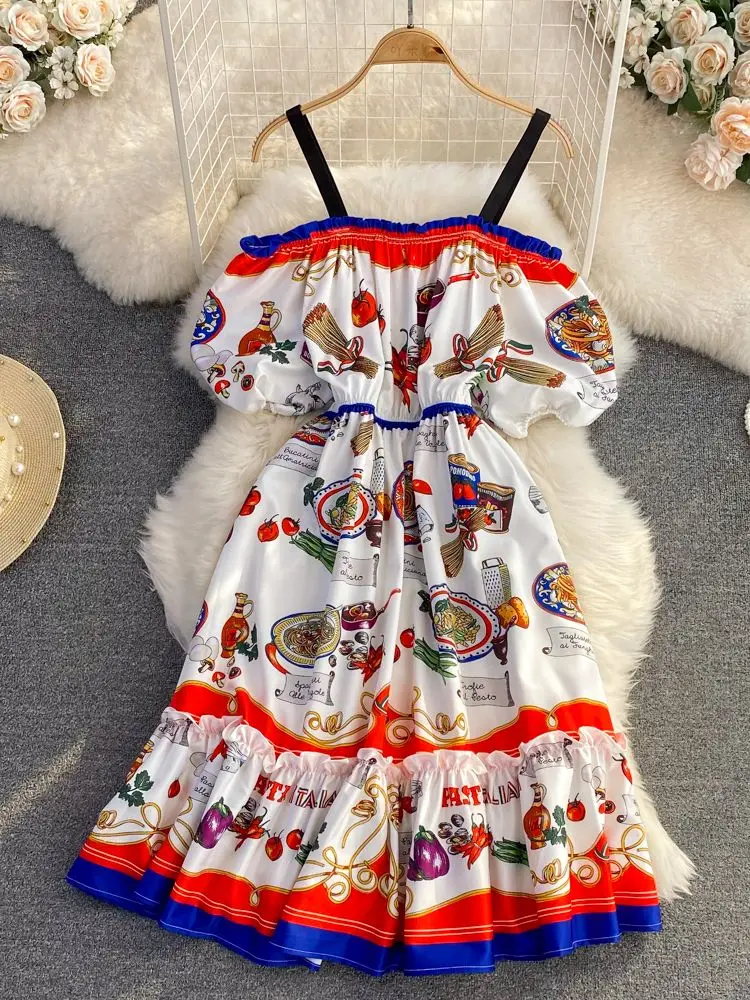 

Women's Off Shoulder Slash Neck Elastic Waist Midi Dress Runway Puff Sleeve Vegetables and Fruits Printed Holiday Party Vestidos