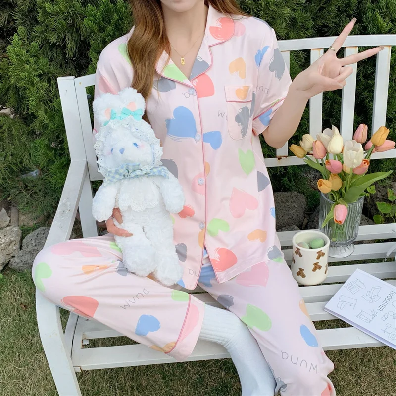 Spring Summer Women's Thin Pajamas Lapel Short Sleeve Cardigan Pants Loose Casual Home Clothing Set Sweet Cute Sleepwear