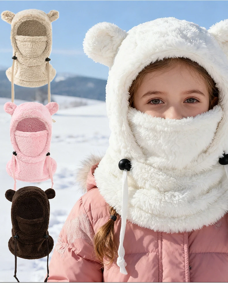 Warme Winter-Sturmhaube für Kinder, niedlicher Plüsch-Ski-Bär, Ohrenmütze, Schal, Studentenmaske, winddicht, Schnee, Spielen, Kinder-Halsmanschette, Alter 3–10 – Detail 1