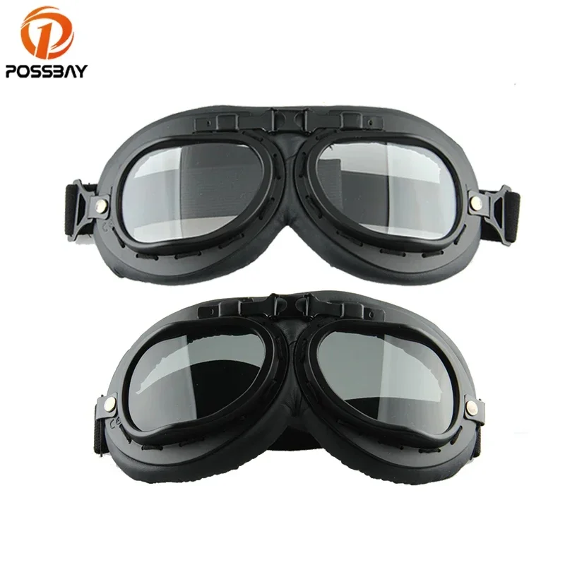 

POSSBAY Retro Motorcycle Goggles Racing Cycling Glasses Cafe Racer Outdoor UV Protection Black Unisex Eyewear Motocross Glasses