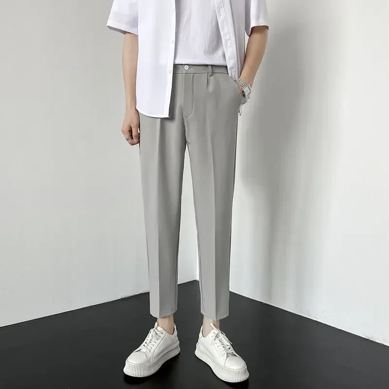 thumbnail image 1 of Pantalones holgados y elásticos para hombre, pantalones de oficina rectos y recortados, ropa de trabajo elástica fluida, vestido de estilo coreano, 1 of 5