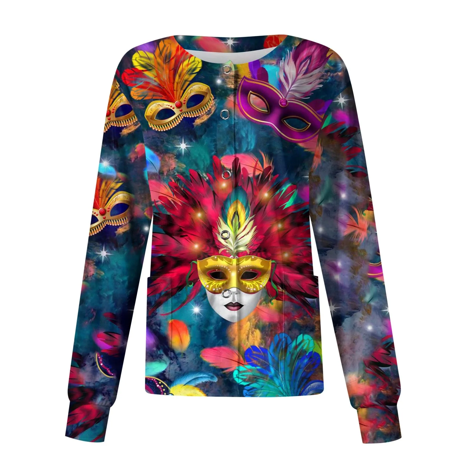 

Women's Casual Fashionable And Trendy Stand Collar Single Breasted Mardi Gras Mask Printed Nurses Tops High-Quality Personalized