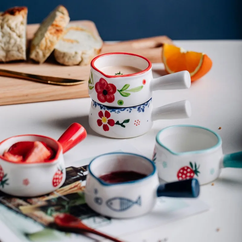 Cartoon Printed Ceramic Plate with Handle Ceramic Bowl Soup Pot Seasoning Plate Seasoning Tableware Kitchen Tableware