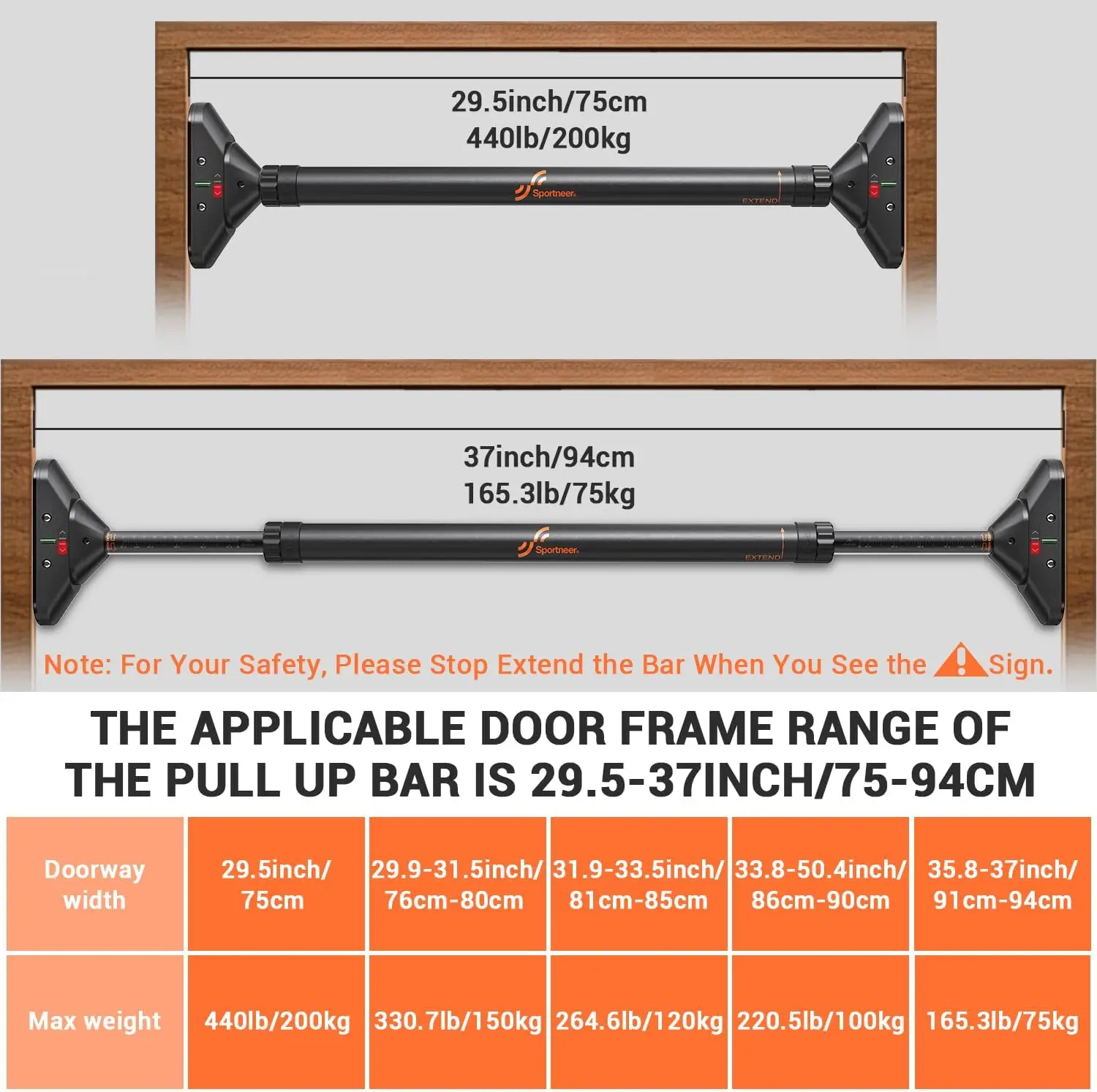 Sportneer Doorway Pull Up Bar Strength Training Adjustable Width 29.5''-37'' Locking Mechanism Pull-up Bar for Home Gym Workout