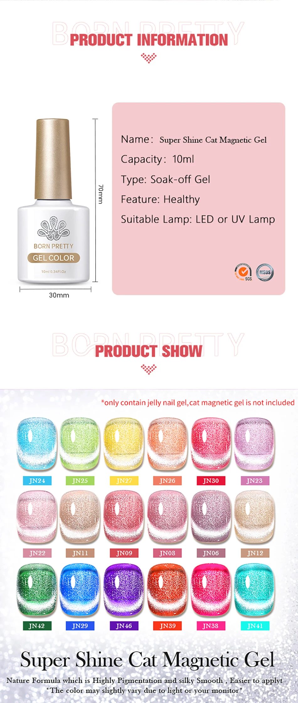 Description Picture 3 of itemBORN PRETTY Super Shine Cat Magnetic Gel Nail Polish Moonlight Sparkling Sliver Glitter Water Light Semi Permanent Soak Off