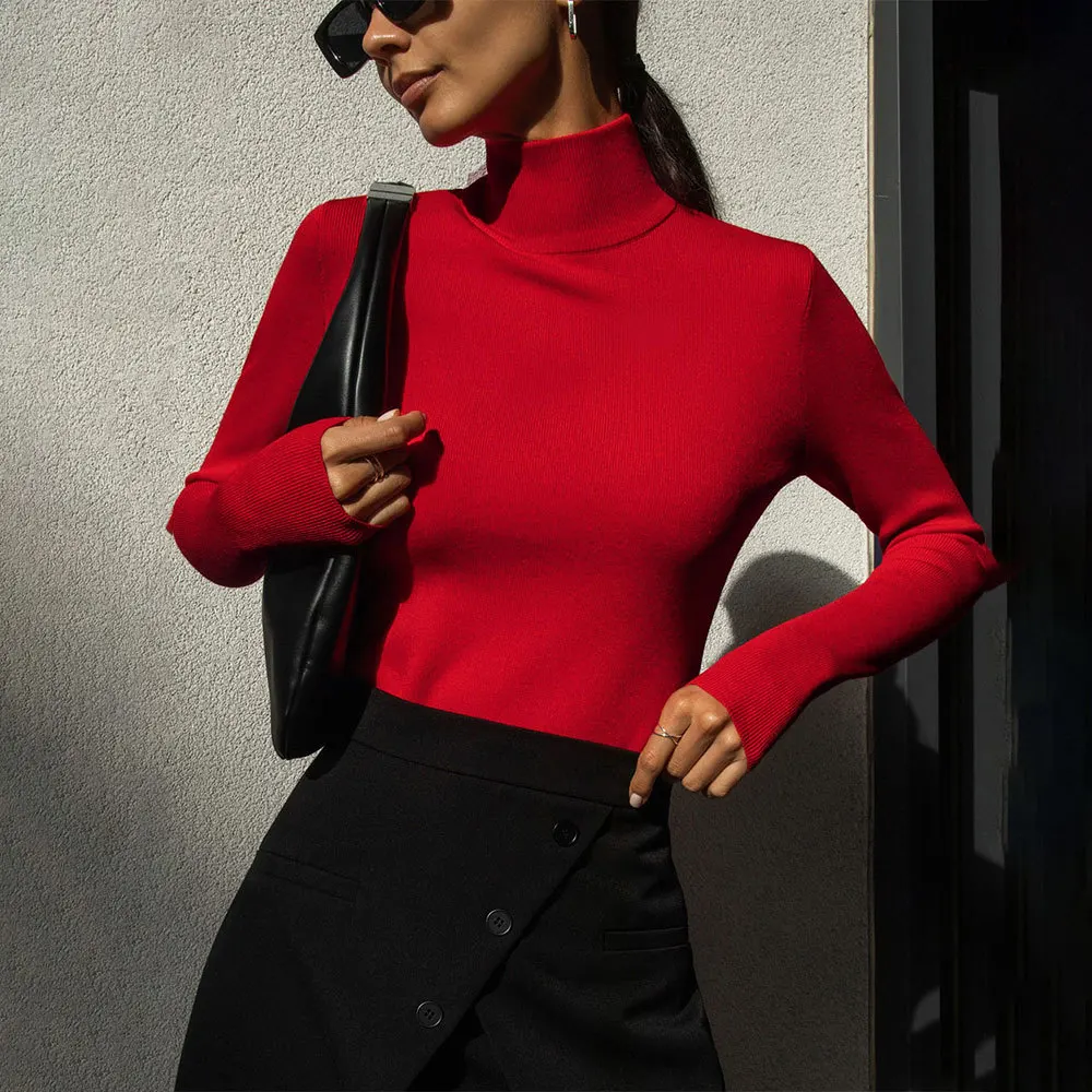 

Red Turtleneck Sweaters for Women Elegant Casual Slim Knitted Pullover Autumn Winter Solid Soft Warm Basic Jumper 2023 Knitwear