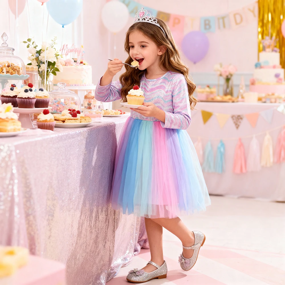 DXTON Baby Kinder Kleid Farbverlauf Gestreift Elegantes Kinder Geburtstagsparty Kleid Ballkleid Mesh Hochzeit Mädchen Prinzessin Tutu Kleid – Detail 3