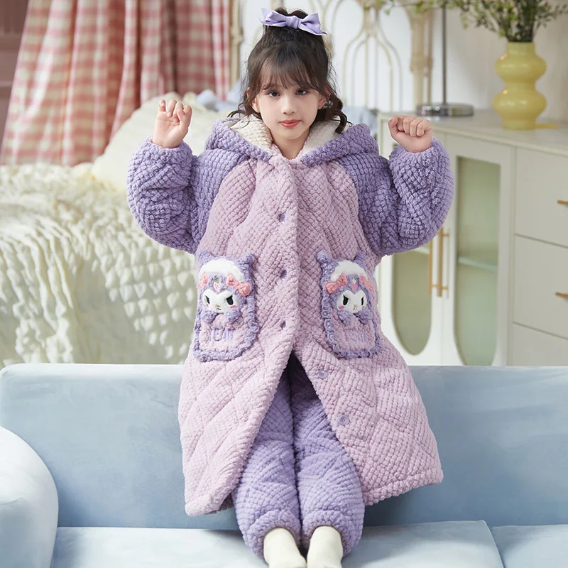 

Kawaii Sanrio Kuromi Pajamas Pants My Melody Cartoon Cute Girls Winter Styles Plush Thickening Triple Layer Cotton Kids Toys Set