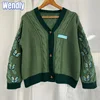 Dark Green Cardigan with Butterfly Embroidered Female Autumn Winter Letter Patch Knitted Cardigan Women 2024 New Sweaters Tops 1
