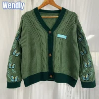 Dark Green Cardigan with Butterfly Embroidered Female Autumn Winter Letter Patch Knitted Cardigan Women 2024 New Sweaters Tops 1