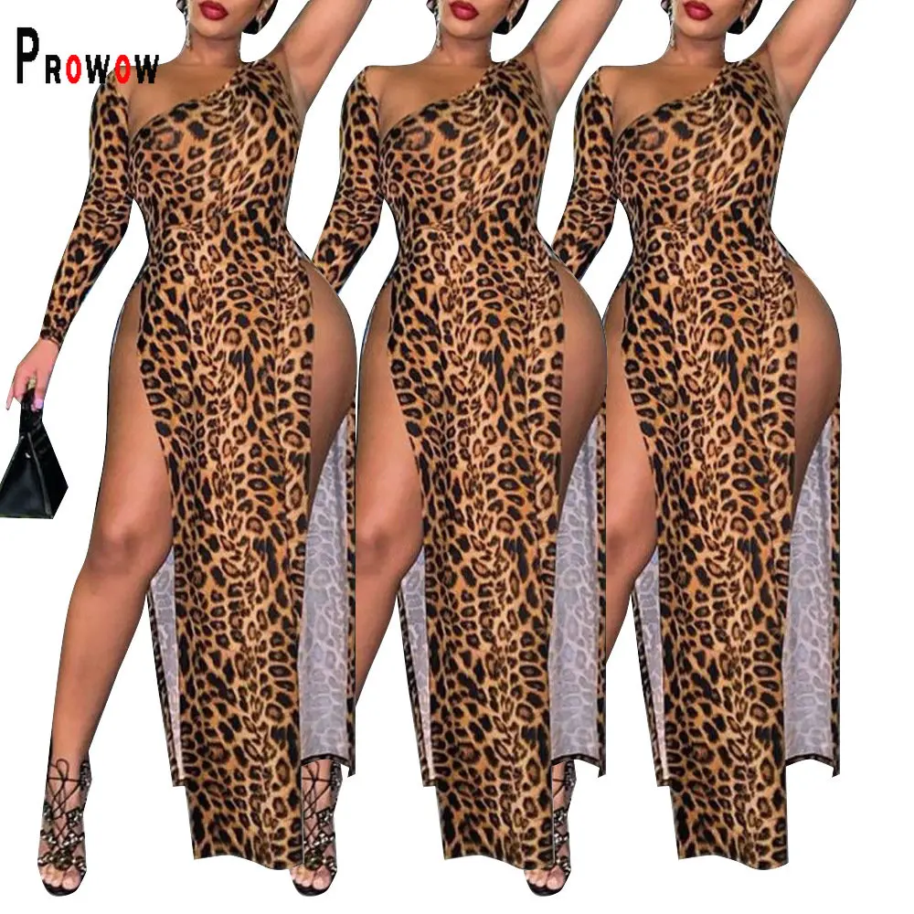 

Prowow Sexy Leopard Print Women Dress Hem Slit Maxi Party Nightclub Wear Sleeveless Slim Fit Summer Female Clothing Bodycons