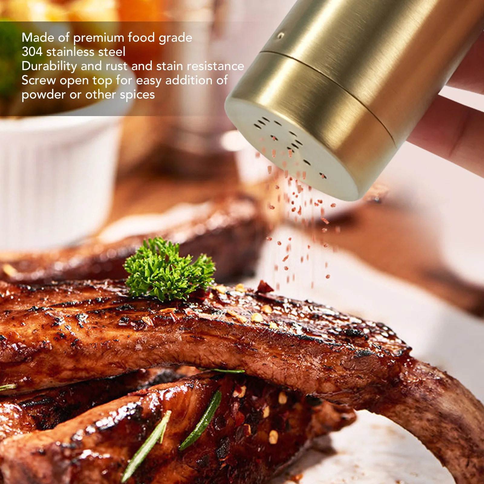 Description Picture 5 of item2Pcs Gold Jar Stainless Steel Rustproof Screw Open Top Seasoning Shaker Bottle for Salt Sugar Pepper Paprika