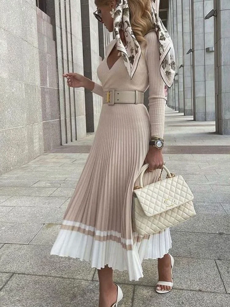 Patchwork Sweater Dress Women Casual 