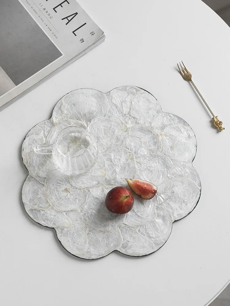AhunderJiaz Light Luxury Natural Shell Tray Dining Table Insulating Mat Desktop Organizer Flower Trimmed Decorative Placemats 6