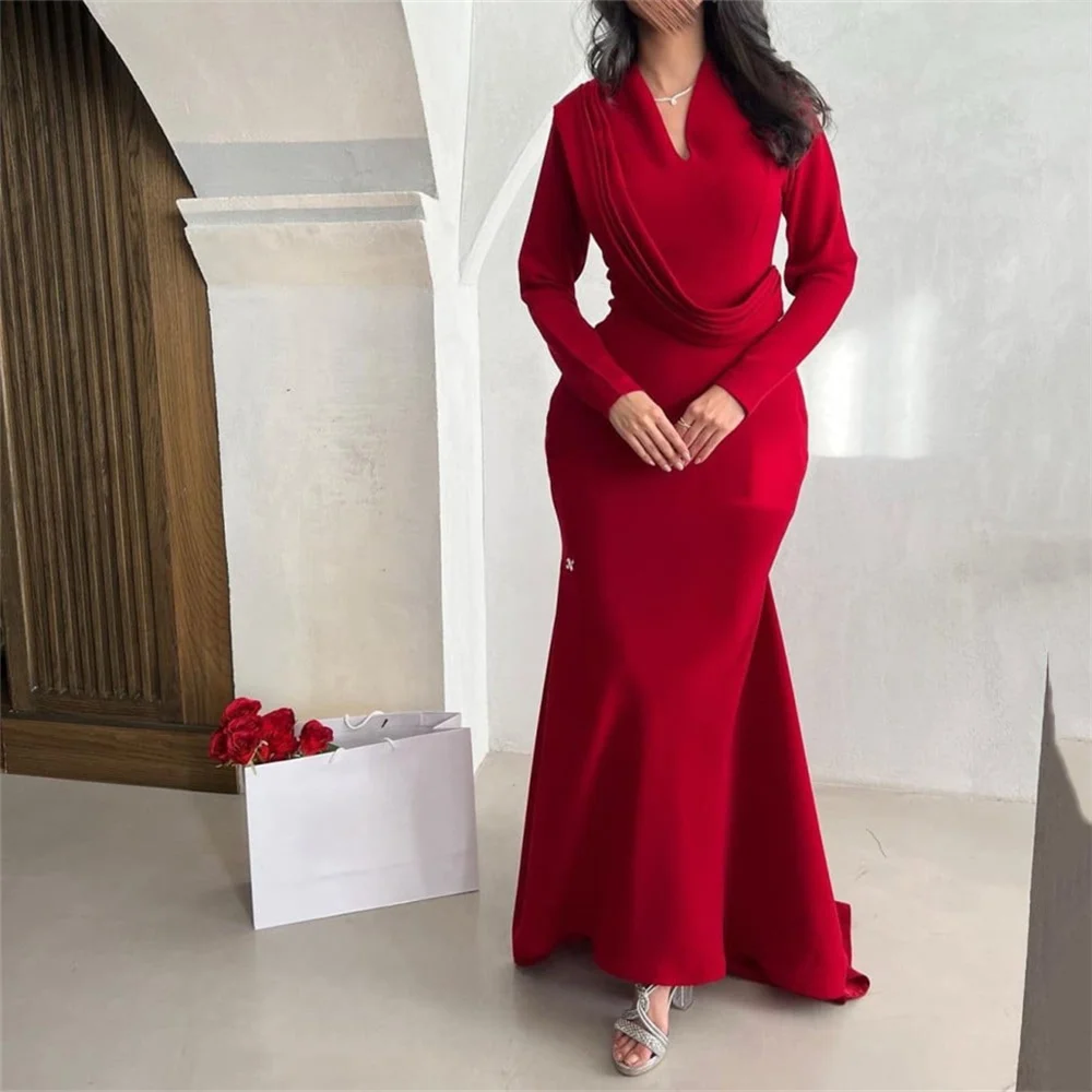 

LUNAFLEYA Classy V Neck Full Sleeve Pleat Mermaid Fashion Long Evening Gown Ankle Length Sweep Train ELegant Prom Gown New