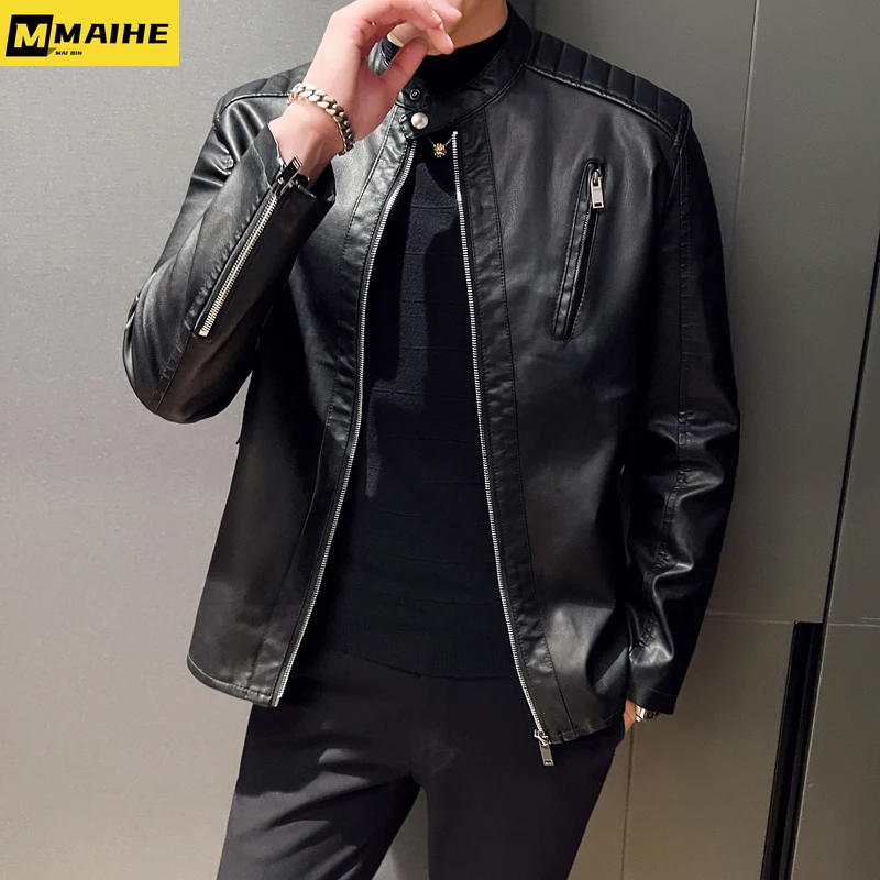 Mens White Leather Jackets Fashion Trend Simple Personality Men's Autumn Spring PU Leather Jackets Winter Slim Windbreaker Mens