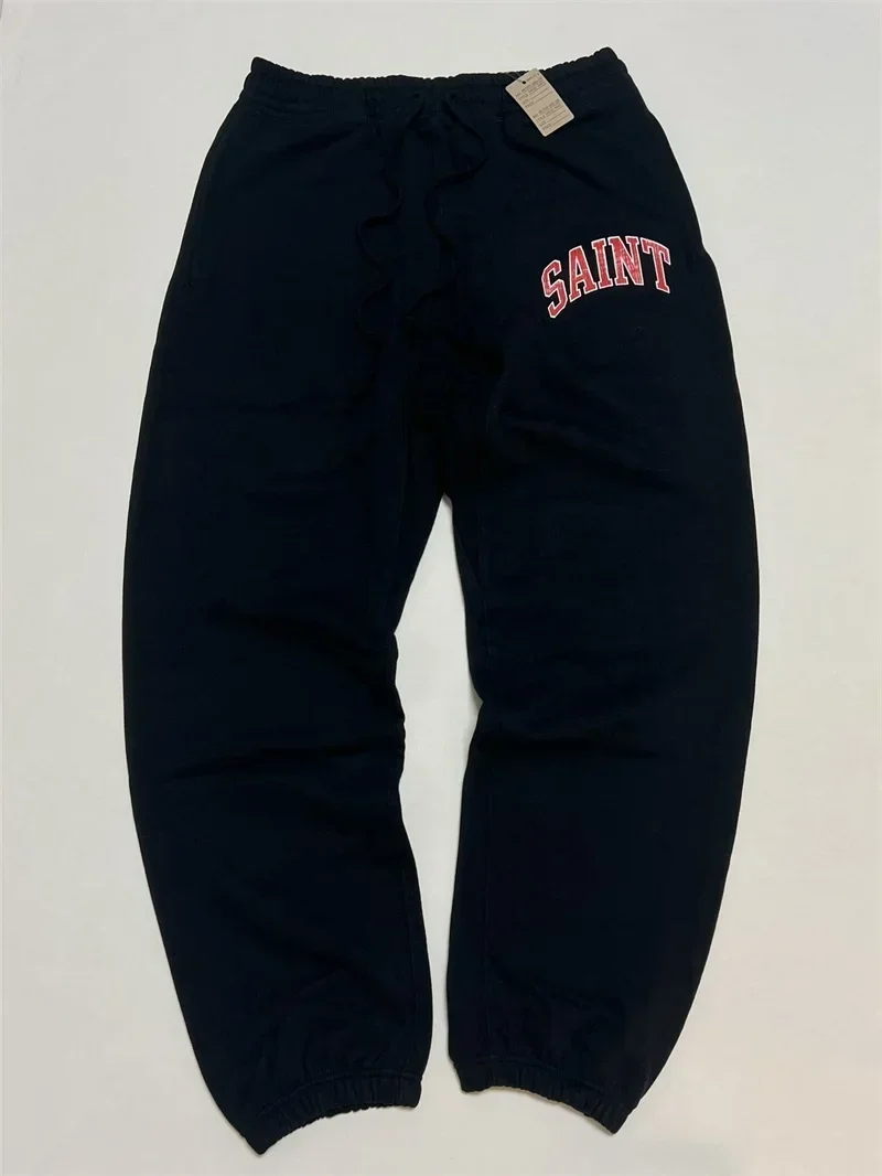 

24ss SAINT MICHAEL Black Pants Men Women 1:1 Top Quality Cracked Retro Print SAINT LOGO Oversized Sweatpants