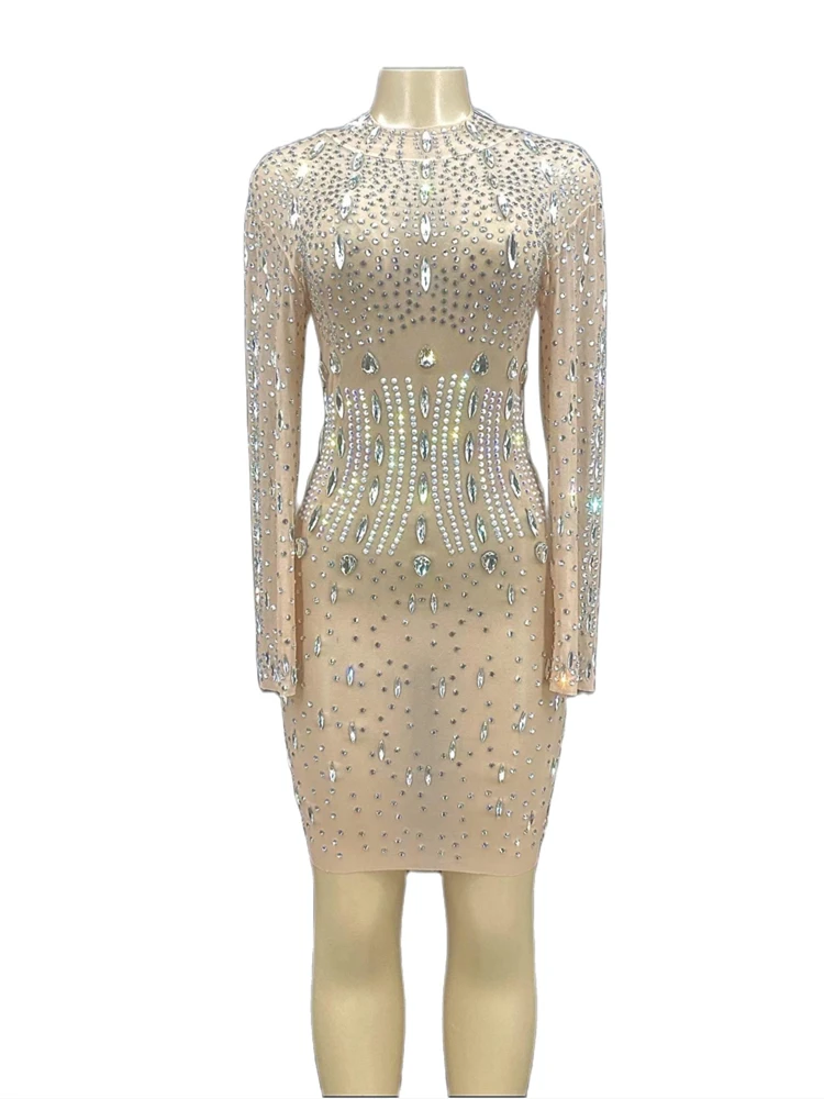 

Nude Shining Crystal Rhinestones Long Sleeves Sexy Dress For Women Evening Party Clothing Stage Singer Costumes Prom Wears