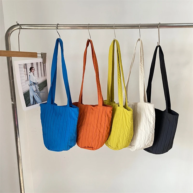 

Summer Trendy Women Wallets Niche Bright Color Ruched Little Bucket Bags Nylon Vertical Stripe Casual Versatile Ladies Hand Bags