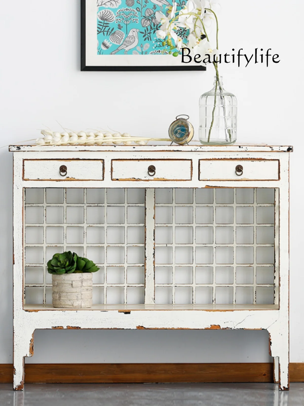 

Nordic Antique Style White as Old Home Hollow Decoration Entrance Cabinet