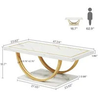 Coffee Table White Gold Engineered Wood Coffee Table with Faux Marble Veneer and Metal Frame Rectangle Coffee Table 2