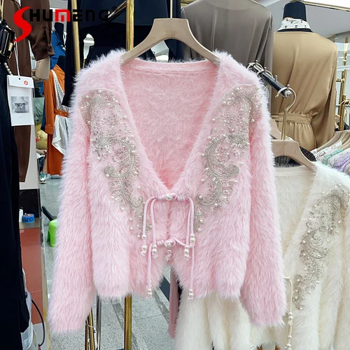 

2023 Autumn and Winter New Pearl Buckle V-neck Cardigan Women Heavy Industry Beads Waterproof Mink Sweater Coat Top Femme