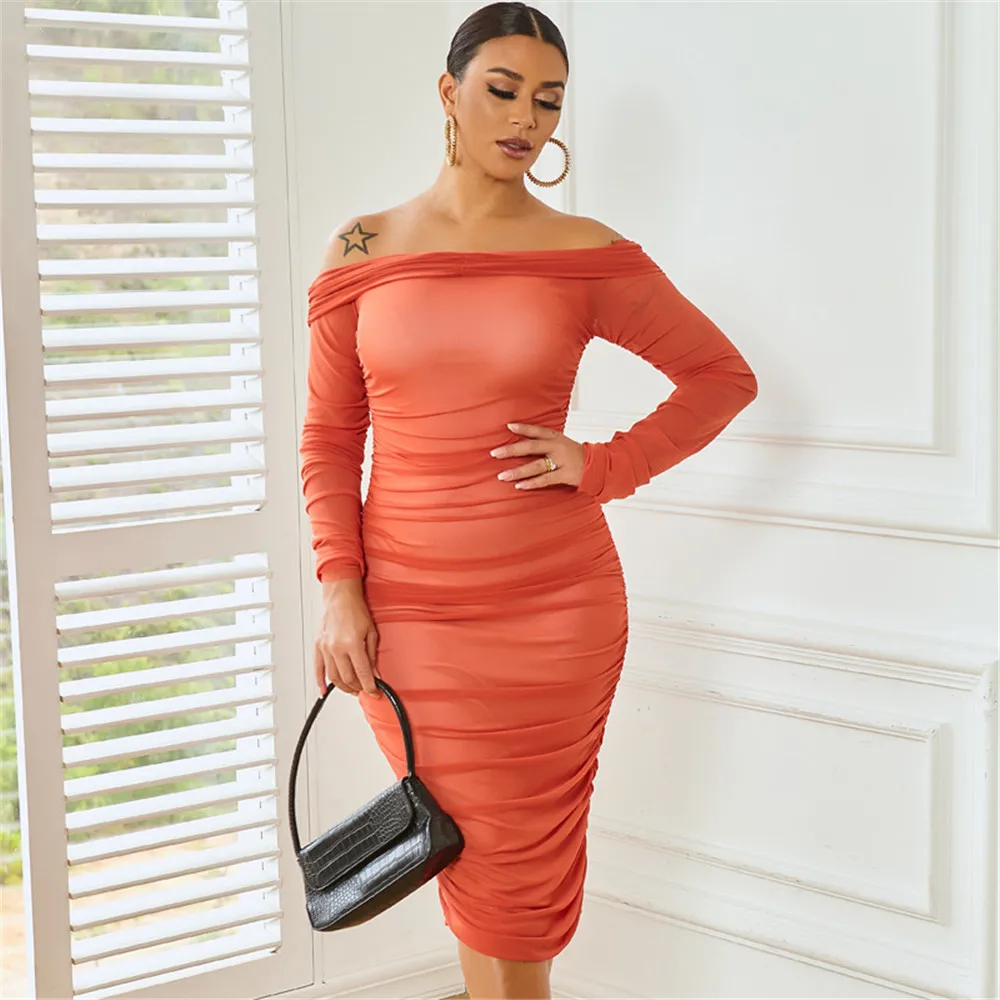 

Women's See Through Mesh Long Dress, Slash Collor, Off Shoulder, Long Sleeve Lady Maxi Dress, Slash Neck, Stain Pleated, Sexy