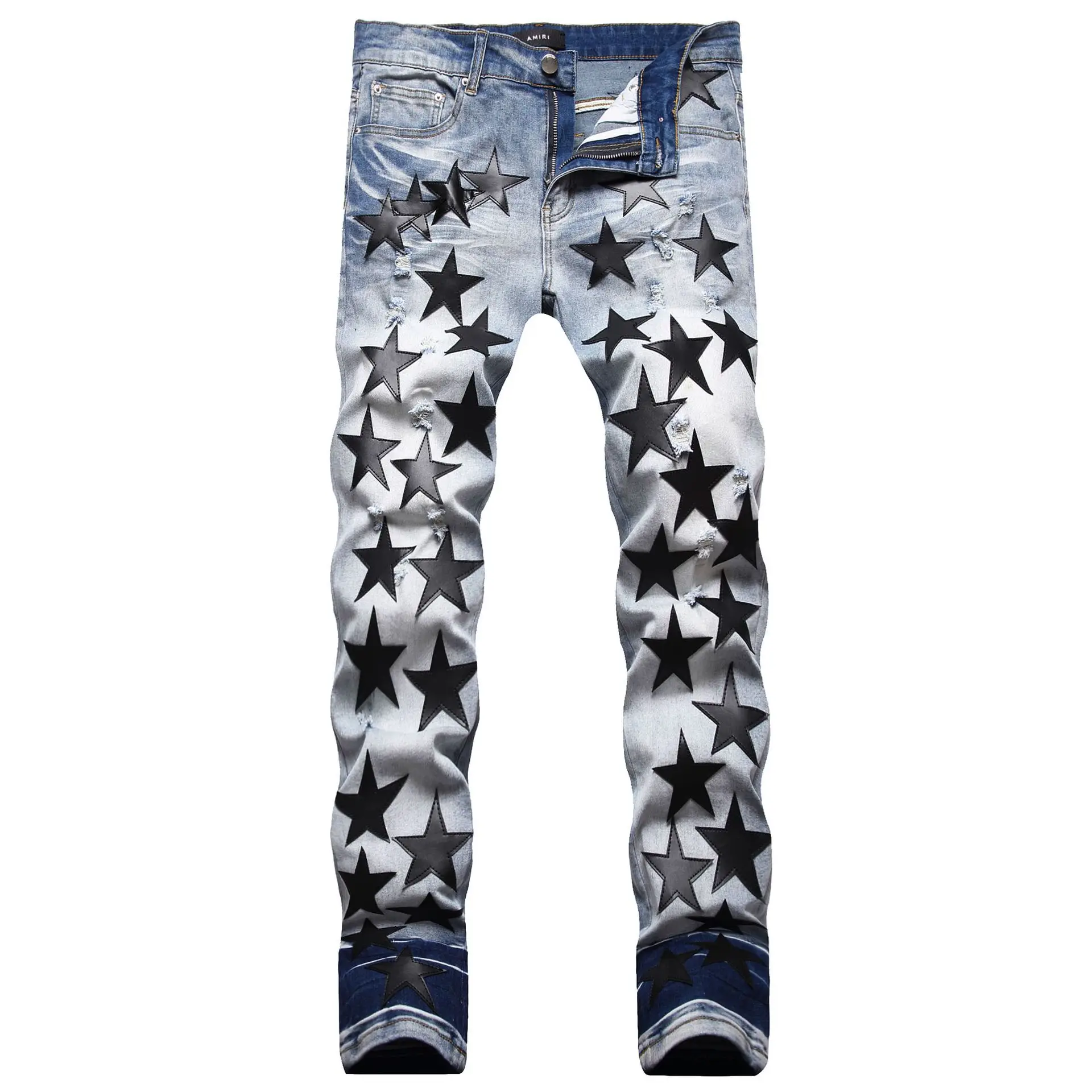 Fashion brand autumn winter black five-pointed star embroidery slim jeans men's trend personality small foot stretch pants