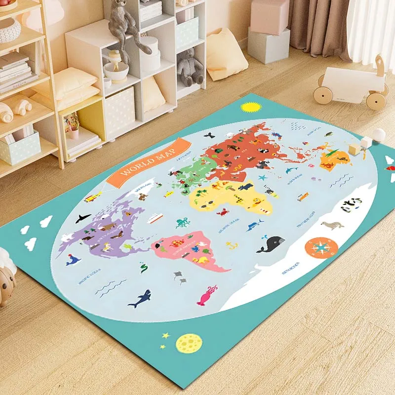 Alfombra con estampado de mapa del mundo de dibujos animados para el hogar, sala de estar, dormitorio, sofá, felpudo, decoración, Alfombra de área de juegos para niños, Alfombra de piso antideslizante, regalo