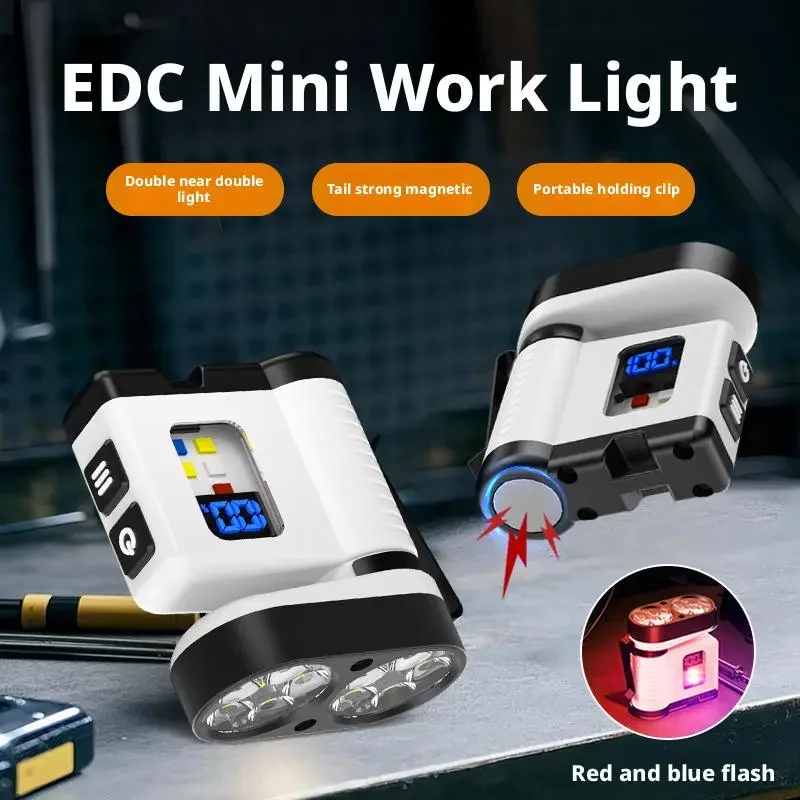 10LED 미니 손전등 USB 충전 디지털 디스플레이 빨강/파랑 경고 휴대용 자석 작업등 야외용