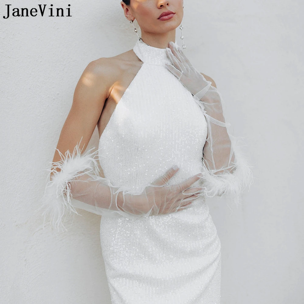 

JaneVini Ostrich Fur Bridal Gloves Long Sheer Tulle Elbow Length Finger Ladies Wedding Gloves Evening Prom Bride Party Gloves