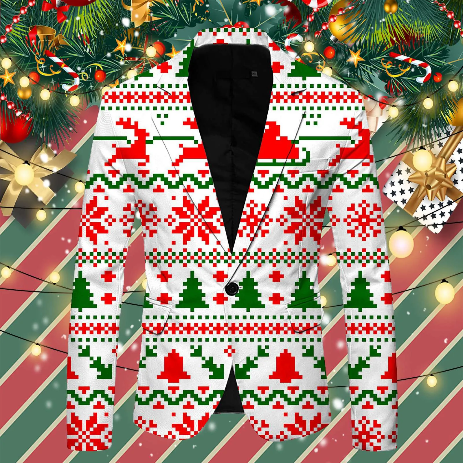 Men's Christmas Suit Blazer Funny Christmas Deer Snowflake Print Male Coat British Style Long Sleeve Suit Jacket Business