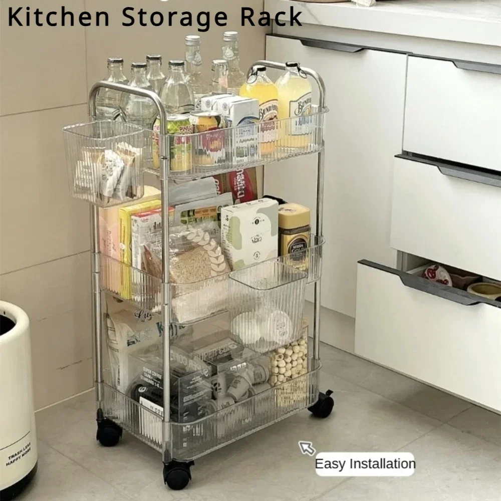 Kitchen Storage Cart Storage Rack Folding Shopping Cart Multi-layer Utility Small Cart Transparent Storage Organizer Cart with Handle Mobile Storage Trolley for Home Snack Cosmetic